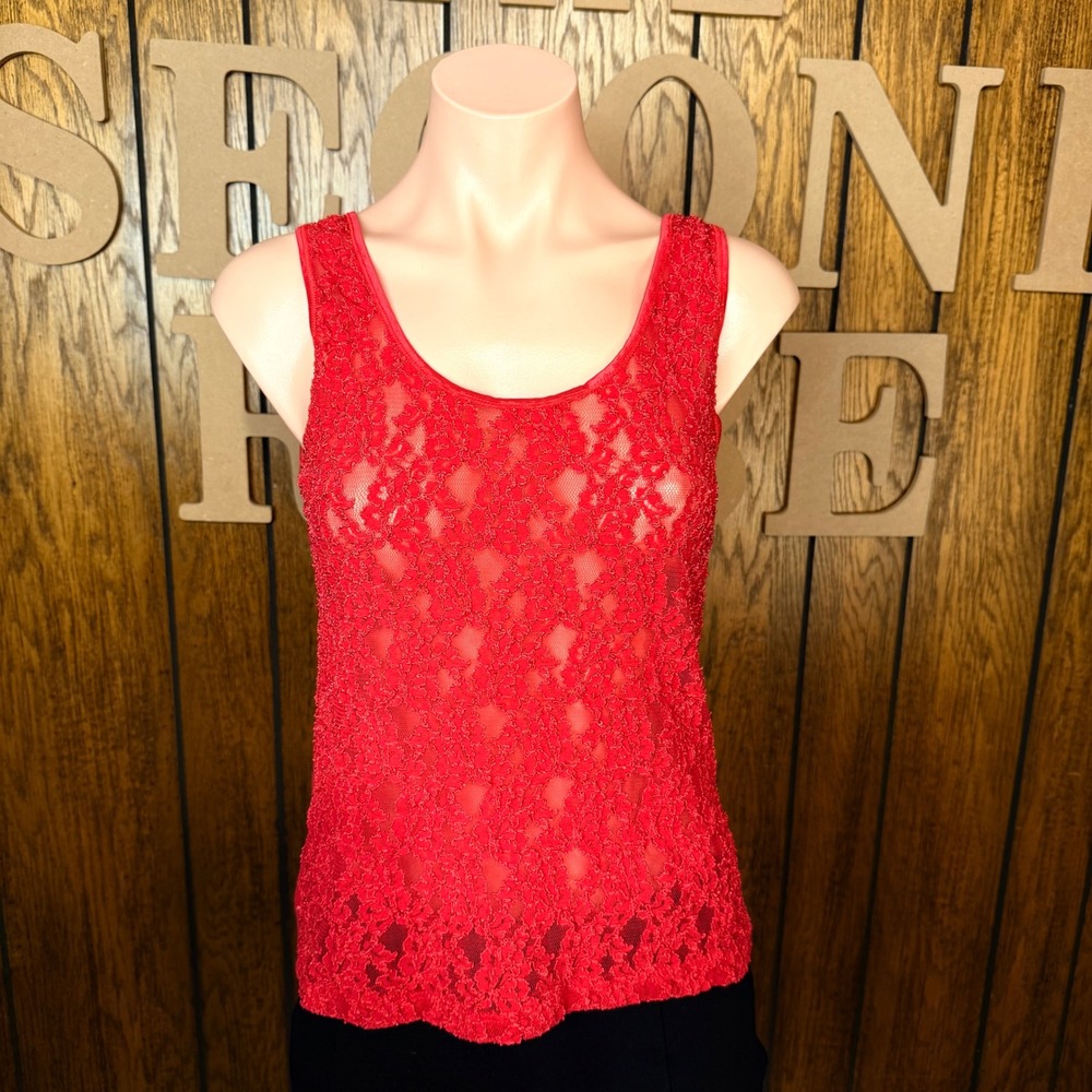 Red Indie Sleaze Lace Tank Top Women M Grunge Y2K Sheer Whimsigoth Dark Romantic